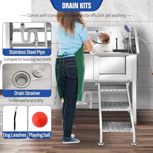Stainless Steel Dog Washing Station, Pet Grooming Tub W/Storage Stairs, Faucet & Showerhead & Soap Holder Dog Bathtub for Large & Medium & Small Pets,34" R-RAMP - color: 34" R-RAMP