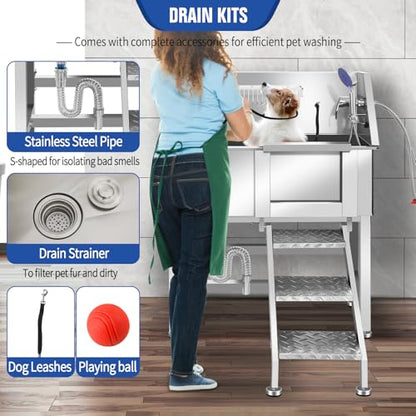 Stainless Steel Dog Washing Station, Pet Grooming Tub W/Storage Stairs, Faucet & Showerhead & Soap Holder Dog Bathtub for Large & Medium & Small Pets,34" R-RAMP - color: 34" R-RAMP