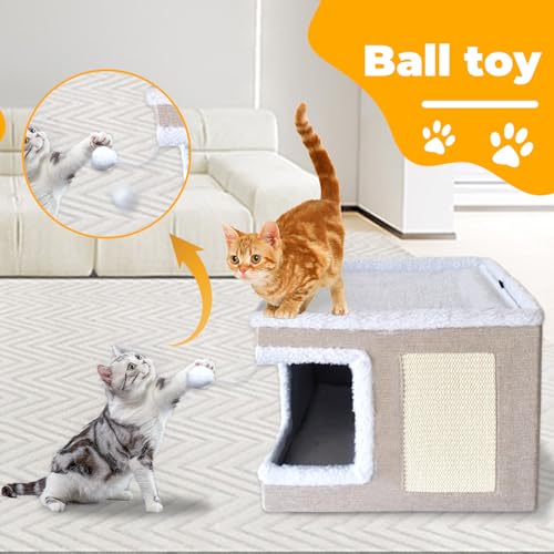Cat Bed for Indoor Cats Cube House,Large Covered Cat Beds Cave & Furniture with Fluffy Ball and Scratch Pad Foldable Hideaway Nest & Condo with Washable Mat for Kitten Kitty Small Pet(Beige)