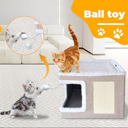 Cat Bed for Indoor Cats Cube House,Large Covered Cat Beds Cave & Furniture with Fluffy Ball and Scratch Pad Foldable Hideaway Nest & Condo with Washable Mat for Kitten Kitty Small Pet(Beige)