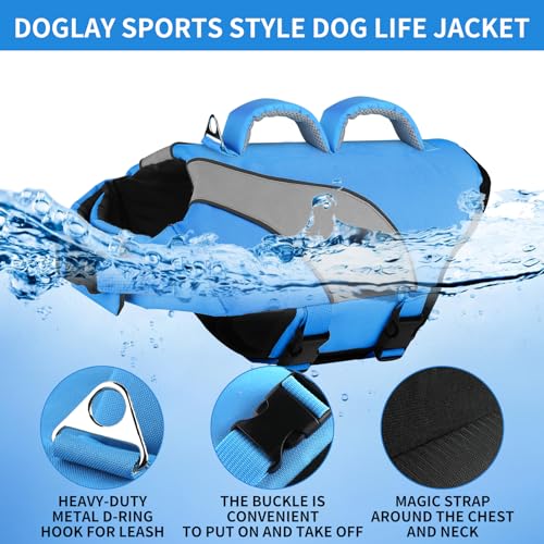 Doglay Dog Life Vest, Dog Life Jacket with Double Rescue Handles and Reflective Stripes, Adjustable High Visibility Swimming Safety Vest, Pet Life Preserver Lifesaver for Small Medium Large Dogs - color: Blue+Gray, size: Xl :27.6"-38.6" (Ribcage Girth)- D