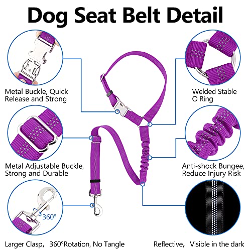 Plutus Pet Dog Seat Belt for Car Headrest, Reflective and Adjustable Restraint with Elastic Bungee for Safety, Vehicle Seatbelt Harness for Small Medium Large Dogs and Cats - color: Purple