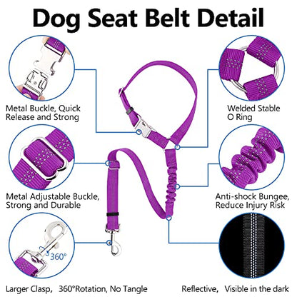 Plutus Pet Dog Seat Belt for Car Headrest, Reflective and Adjustable Restraint with Elastic Bungee for Safety, Vehicle Seatbelt Harness for Small Medium Large Dogs and Cats - color: Purple