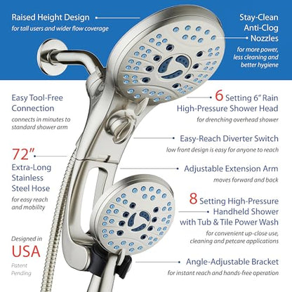 Hotel Spa AquaCare for California As-Seen-On-TV High Pressure Handheld Rain 50-mode 3-way Shower Head Combo with Adjustable Arm, Anti-clog Jets, Tub & Pet Power Wash, 6 ft. Hose, Nickel Finish - color: Satin Nickel, style: 1.8 Gallons Per Minute