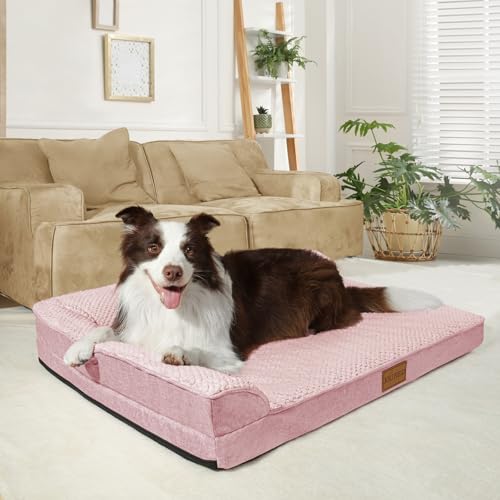 Orthopedic XL Dog Bed Large Sized Dog 42''X28'', Waterproof L Bolster Egg Crate Foam Big Pet Crate Beds with Washable Removable Cover, Non-Slip Soft Pet Couch Sleep Mat, Pink - color: Pink, size: XL:42x28x3.5 IN