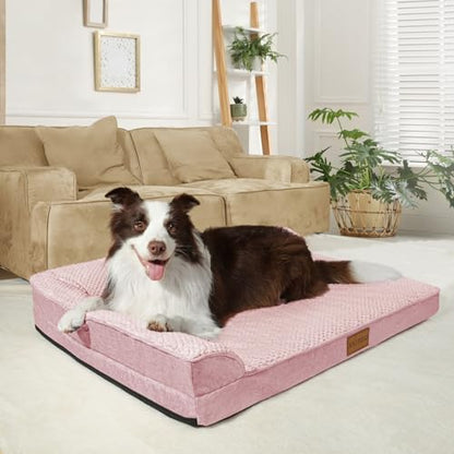 Orthopedic XL Dog Bed Large Sized Dog 42''X28'', Waterproof L Bolster Egg Crate Foam Big Pet Crate Beds with Washable Removable Cover, Non-Slip Soft Pet Couch Sleep Mat, Pink - color: Pink, size: XL:42x28x3.5 IN