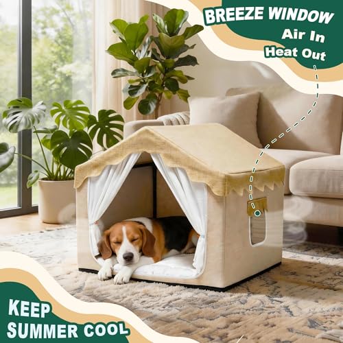 Indoor Dog House, Breeze Pet Tent with Sturdy Frame & Window, Dog Cave Bed with Washable Cover for Small-Medium Dogs (18-40 lb), 25", Cream - size: L (25"×25"×25")