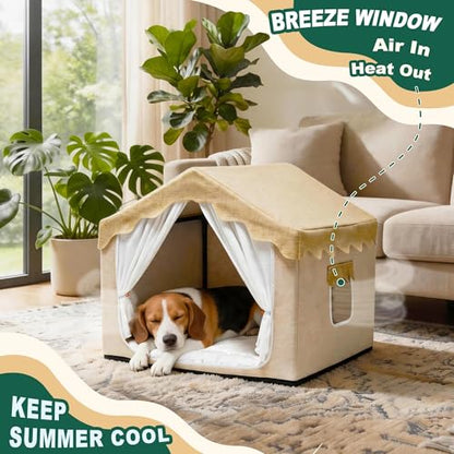 Indoor Dog House, Breeze Pet Tent with Sturdy Frame & Window, Dog Cave Bed with Washable Cover for Small-Medium Dogs (18-40 lb), 25", Cream - size: L (25"×25"×25")