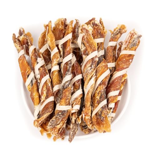 MON2SUN Dog Treats, Triple Flavor Jerky Twist Sticks, 5-7 Inch Chicken Duck and Codfish Sticks Chews for Small Dogs, Healthy Snacks, 10.58 oz (15 Count-Pack of 1) - size: 10.58 Ounce (Pack of 1), style: 5-7 Inch