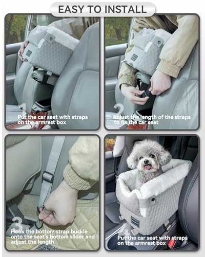 PETSFIT Dog Car Seats for Small Dogs with Safe Protection Hooks, Small Dog Car Seat with Upgraded Safety Tethers, Washable Cushion, Center Console Dog Car Seat for Pets Under 8 Lbs (Light Grey) - color: Light Grey
