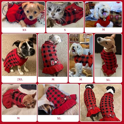 KYEESE Dog Christmas Sweater Dress with Bowtie Checkered, Turtleneck Dog Sweater for Small Dogs Girl with Leash Hole, Holiday Warm Pet Sweaters Dress, Red, Medium - color: 09#Red Plaid, size: Medium (6-13lbs)