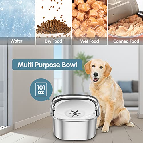UPSKY 3L Dog Water Bowl 101oz Stainless Steel No Spill Large Capacity Dog Food Water Bowl Slow Water Feeder, Spill Proof Pet Water Dispenser Vehicle Carried Travel Water Bowls - color: J-White