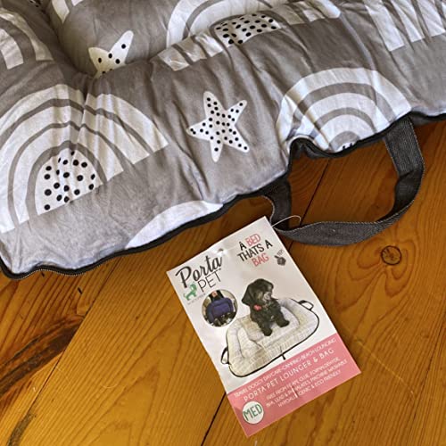 Woombie PortaPet, Portable Lazy Dog Lounger Bed in A Bag, Travel Pet Bed with Easy Carry Handles, Zips Shut to Carry Toys and Treats, Gray Rainbow, Small - size: Small