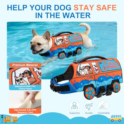 BEAUTYZOO Small Dog Life Jacket, High Flotation Dog Life Vest for Swimming & Boating with Rescue Handle Reflective Stripes,Adjustable Ripstop Dogs Lifejacket for Small Medium Dogs Puppy,Orange Car S - size: Small(Chest Girth: 17"-21")