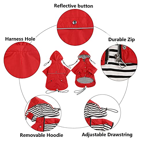 Dog Zip Up Raincoat with Reflective, Rain/Water Resistant, Adjustable Drawstring, Removable Hood, Raincoats with Legs 8lbs to 80lbs Available - Red - Small - color: Red, size: Small