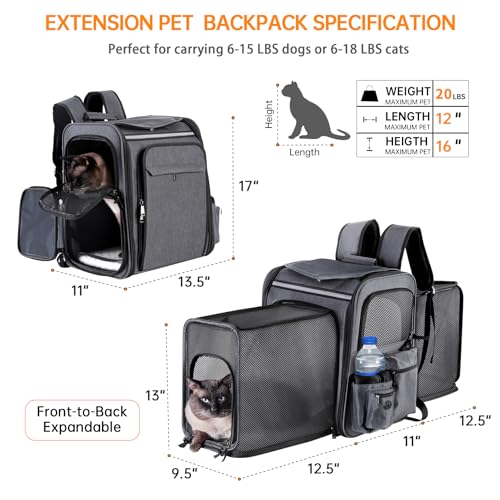 Cat Backpack Carrier,Double Side Expandable Cat Carrier Backpack,Dog Carrier Backpack for Medium Cats and Small Dogs,Puppies Up to 20 Lbs,Pets Carrier Backpack with Breathable Mesh(Grey) - color: Grey + Black Mesh