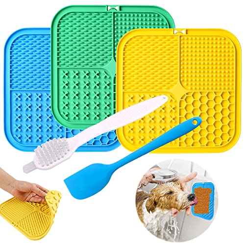 Dog Licking Mat, 3 Pcs Large Licking Mat for Dogs with Suction for Anxiety, Peanut Butter Dog Licking Mat Slow Feeder Dispensing Treater Lick Pad for Dogs Cats Grooming Bathing and Training - color: Yellow&Green&Blue