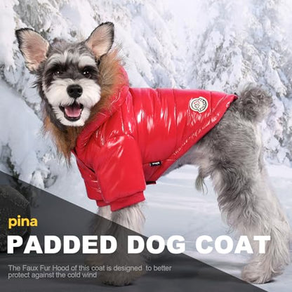 PINA Dog Winter Coat, Dog Winter Jacket with Large Faux Fur Hood, Dog Winter Vest Windproof and Warm, Suitable for Small to Large Dogs, Red, L - color: Red, size: L(chest:21.6in)