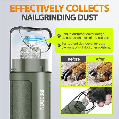 IREDOON Dog Nail Grinder Upgraded - Professional 3-Speed Super Quiet and Low Vibration Electric Pet Nail Grinder with 4 LED Lights - Painless Paws Grooming & Smoothing for Small to Large Dogs (Green) - color: Matte Green