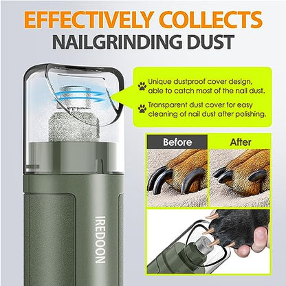 IREDOON Dog Nail Grinder Upgraded - Professional 3-Speed Super Quiet and Low Vibration Electric Pet Nail Grinder with 4 LED Lights - Painless Paws Grooming & Smoothing for Small to Large Dogs (Green) - color: Matte Green