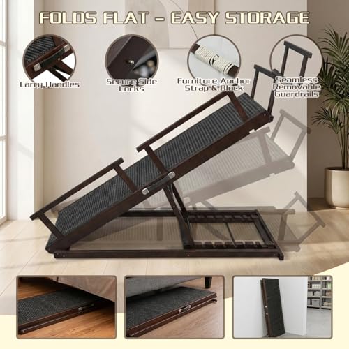 Dog Ramp for Bed - 7-Level Adjustable (13"-37") Birchwood, 60" Foldable Soft Carpet Ramp with Removable Washable Cover & Rails, for High Bed/Couch, DIY Glow Strips, Supports 200 Lbs - color: Brown - Carpet Style