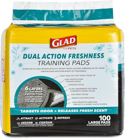Glad for Pets Dual Action Freshness Activated Carbon Puppy Pads, Fragrance Release, Scented Odor Control, 6-Layer Leak-Proof, Pheromone Attractant, 23 x 23 Inch, 100 Count - 2 Pack - size: 100 Count (Pack of 2)