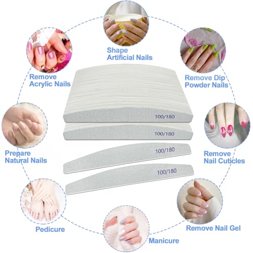 Nail Files (100 Pack), 100/180 Grit Wooden Emery Board Nail File Double Sided Wood Emory Fingernail Files for Natural Nails Professional Reusable Manicure Pedicure Curved