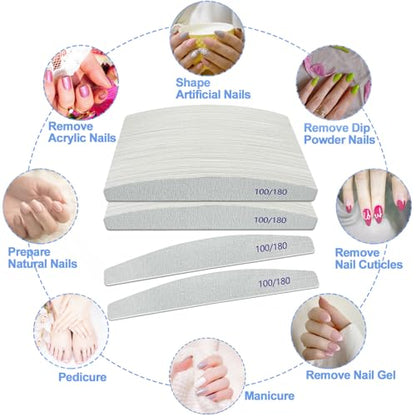 Nail Files (100 Pack), 100/180 Grit Wooden Emery Board Nail File Double Sided Wood Emory Fingernail Files for Natural Nails Professional Reusable Manicure Pedicure Curved