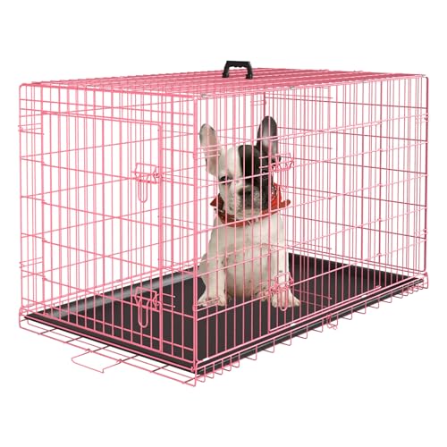 PayLessHere Small Dog Crate Kennel 24 inches Metal Dog Cage Double-Door Folding Travel Indoor Outdoor Puppy Playpen with Divider and Handle Plastic Tray,Pink - color: Pink, size: 24.0"L x 16.0"W x 19.0"H