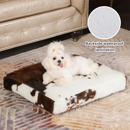 Bedfolks Waterproof Crate Bed, Plush Dog & Cat Bed with Removable Washable Cover, Faux Fur Kennel Pad, 17"x12", Cow Print - color: Cow Print, size: XX-Small(17x12'')
