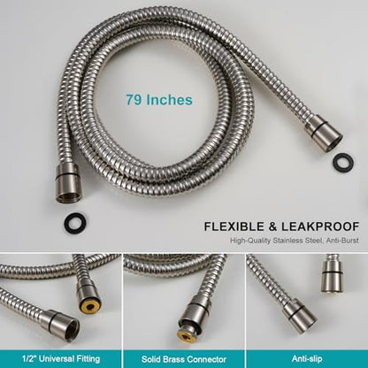 GwernKB Brushed Nickel Shower Heads Handheld with On Off Switch,8-Mode High Pressure Shower Wand with 79In Stainless Steel Hose&Bracket PLUS Low-Reach Adhesive Wall Mount Holder for Kids&Elderly - color: Brushed Nickel
