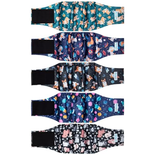 Paw Legend Washable Dogs Diapers Male Dog Belly Bands for Male Dogs Diapers Reusable Puppy & Doggie Diapers Male (5 Pack, Medium) - color: Space Dog, size: Medium