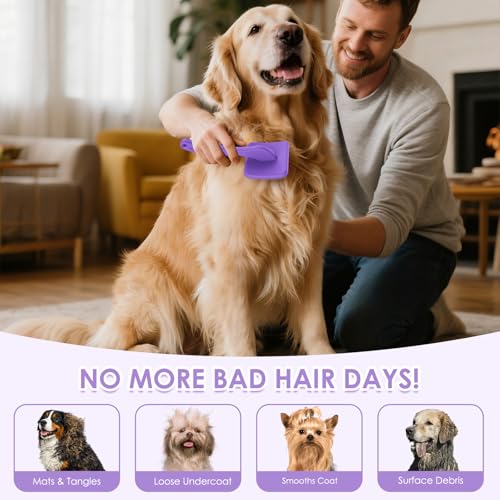 Large Slicker Brush, 2Pc Doodle Grooming Kit with Comb,Purple | With two leather protective covers; ideal for Poodles, Labradoodles; extra long pin; premium wooden handle; removes mats. - color: Purple