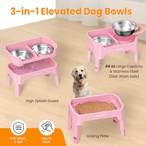 URPOWER 3-in-1 Elevated Dog Bowls - Mess Proof Double Deck 4 Height Adjustable Raised Stand with 2 Stainless Steel Food Bowls & Licking Plate for Small, Medium & Large Dogs - color: Pink, size: Large