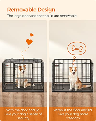 Feandrea 42.1 Inch Heavy Duty Dog Crate, Metal Escape Proof Kennel with Double Doors and Convenient Feeding Door, Removable Tray, Easy to Clean, XL Pet Crate for Large and Medium Dogs, Black - size: 42.1"L x 27.6"W x 29.5"H