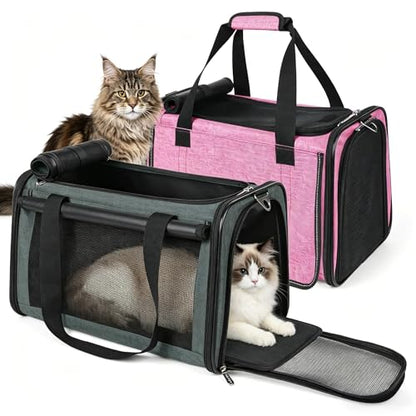 YUDODO 2 Packs 25 lbs Lightproof Soft Sided Cat Carrier for Large Cat & Small Dog Airline Approved Travel Puppy Carriers with Side Pockets & Reflective Mesh, Foldable Portable for Car Grey Green+Pink - color: Pink*1+Grey Green*1