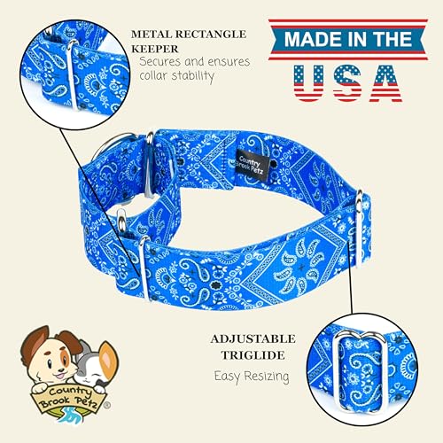 Country Brook Petz - HossFit Jr Wide Martingale Dog Collar - Country and Western Collection Featuring Rustic Designs (Blue Bandana, Medium) - color: Blue Bandana, size: Medium (Pack of 1)