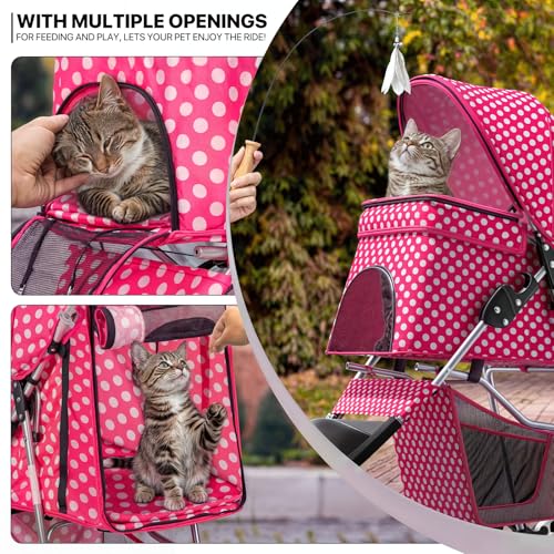 MoNiBloom 3 Wheels Pet Dog Cat Stroller for Small Medium Dogs Cats, Foldable Jogger Stroller w/Storage Basket and Cup Holder, Hot Pink Polka Dots - color: Hot Pink Polka Dots