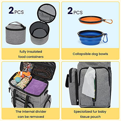 Modoker Dog Travel Organizer with 2 Collapsible Bowls for Supplies & Accessories, Airline Approved Dog Tote Pet Travel Bag with 2 Travel Food Container - color: Soft Grey