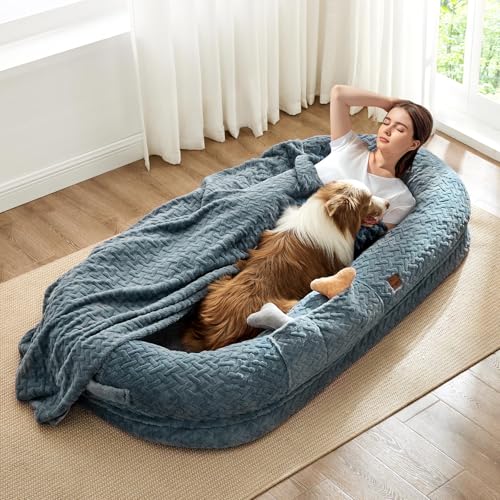 ChiXnuggle Orthopedic Human Dog Bed,with Faux Fur Washable Cover,Blanket | bluish grey,72*40*10,giant dog bed for adult or extra large dogs,egg crate foam,non-slip bottom - color: Bluish Grey, size: Human Dog Bed (72x40x10)