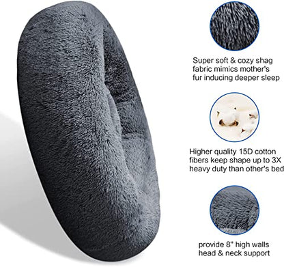 SAVFOX 20 inches Calming Donut Dog Bed - 3X Durable Plush Faux Fur, Machine Washable & Non-Slip, Fits up to 15 lbs, Dark Grey - color: Dark Grey, size: X-Small | 20"x20"