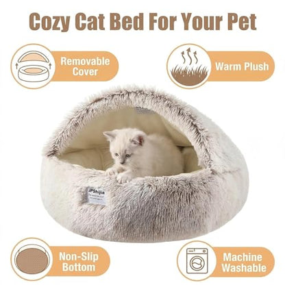 Cozy Zipper Convertible Cat Bed Cave, 2 in 1 Round Plush Donut Dog Bed with Removable Hood, Warm Fuzzy Enclosed Pet Nest Bed for Small Dogs Kittens, Machine Washable (Brown, 19.7 in Small Size) - color: Brown, size: 19.7 in Small Size