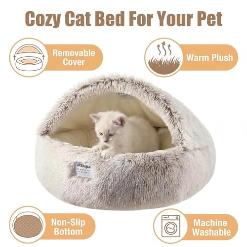 Cozy Zipper Convertible Cat Bed Cave, 2 in 1 Round Plush Donut Dog Bed with Removable Hood, Warm Fuzzy Enclosed Pet Nest Bed for Small Dogs Kittens, Machine Washable (Brown, 23.6 in Medium Size) - color: Brown, size: 23.6 in Medium Size