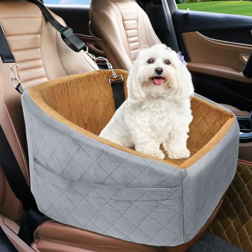 NEEZUKAR Dog Car Seat for Small Medium Dogs,Detachable Washable Dog Booster Seat Under 30lbs, Pet Car Seat Travel Bed with Storage Pockets and Dog Safety Belt(Grey/Brown) - color: Grey/brown