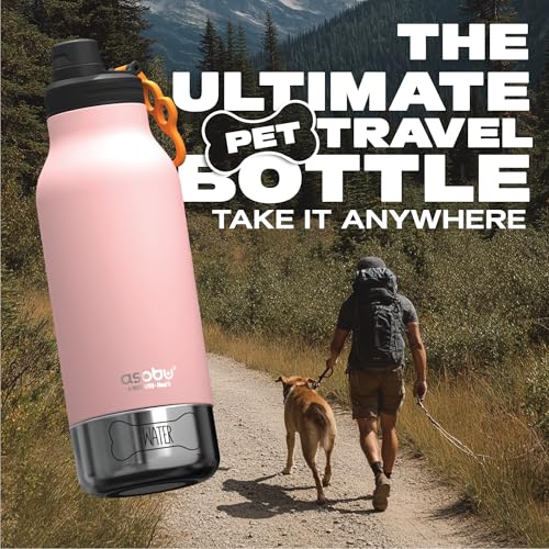 asobu Dog Barky Bottle - 음식, 간식 및 물을 위한 탈착식 강아지 그릇 2개가 있는 단열 스테인리스 스틸 물병 - 하이킹, 도로 여행 및 야외 모험을 위한 반려동물 친화적인 여행용 병 - color: 핑크