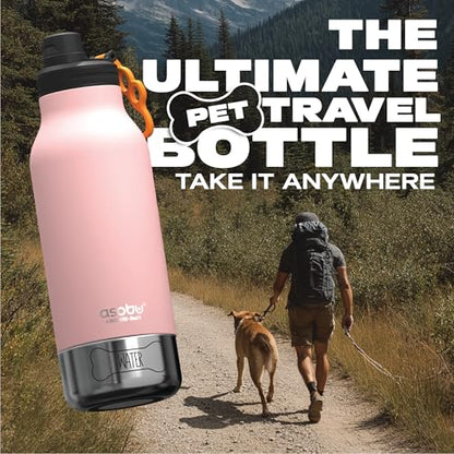 asobu Dog Barky Bottle - 음식, 간식 및 물을 위한 탈착식 강아지 그릇 2개가 있는 단열 스테인리스 스틸 물병 - 하이킹, 도로 여행 및 야외 모험을 위한 반려동물 친화적인 여행용 병 - color: 핑크