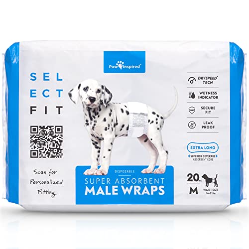 Paw Inspired Select Fit Male Dog Diapers, Disposable Male Wraps with Wetness Indicator| Belly Bands for Small, Medium, Large Dogs (Medium, 20 Count) - size: Medium