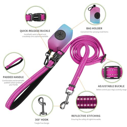 Kazazoo Hands-Free Dog Leash with Poop Bag Holder, Adjustable 4-7 Ft Waist for Dog Walking, Running for Small Dogs with Reflective Strips, Nylon Waist Belt, Hotpink - color: Hotpink