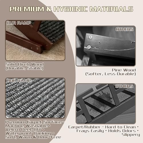 Dog Ramp for Bed - 7-Level Adjustable (13"-37") Birchwood, 60" Foldable Soft Carpet Ramp with Removable Washable Cover & Rails, for High Bed/Couch, DIY Glow Strips, Supports 200 Lbs - color: Brown - Carpet Style