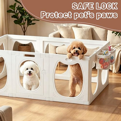 Dog Playpen with Storage Basket, 4 PCS 23.6" H Clear Acrylic Puppy Playpen with Dog Head Shape, Foldable Cat Playpen Indoors Outdoors with Door Gate for Small & Medium Pet Rabbit, Duck, Chick
